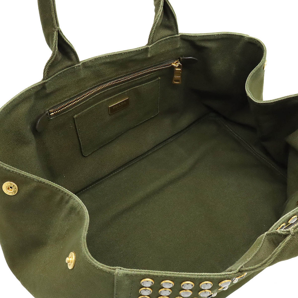 Prada Canapa Tote Bag Handbag Rhinestones Studs Canvas MILITARE Khaki Green - Picture 5 of 8